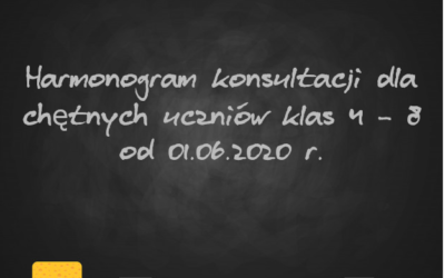 Harmonogram konsultacji dla chętnych uczniów klas 4 – 8 od 01.06.2020 r.